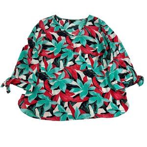 Talbots Pullover Top Women’s XL Green Red White Floral Print 3/4 Sleeve V-Neck